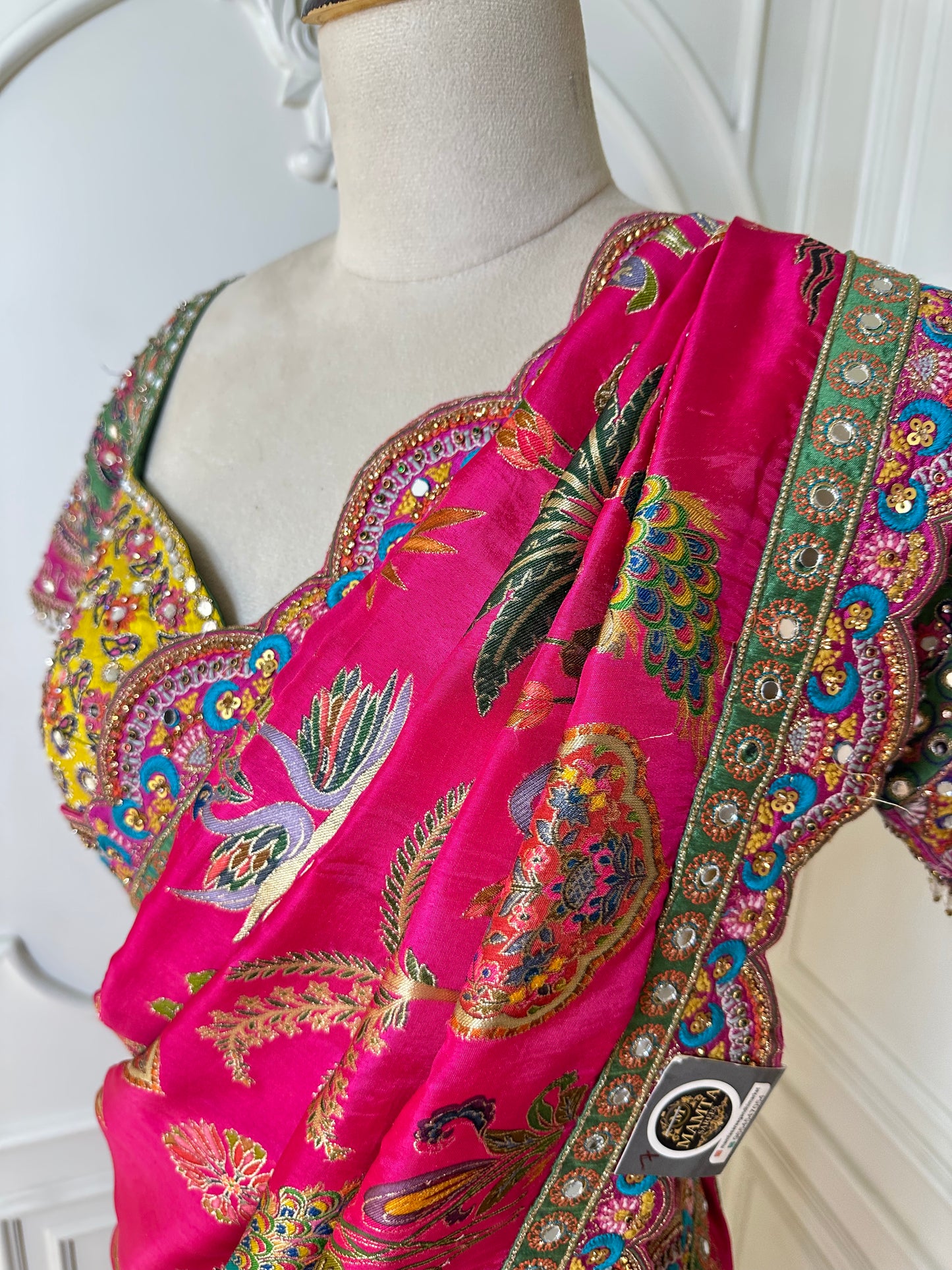 Rani Pink Peacock Designer Saree with Embroidered Scalloped Border