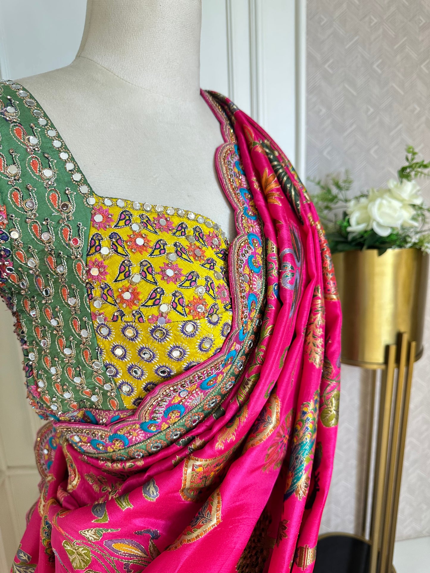 Rani Pink Peacock Designer Saree with Embroidered Scalloped Border