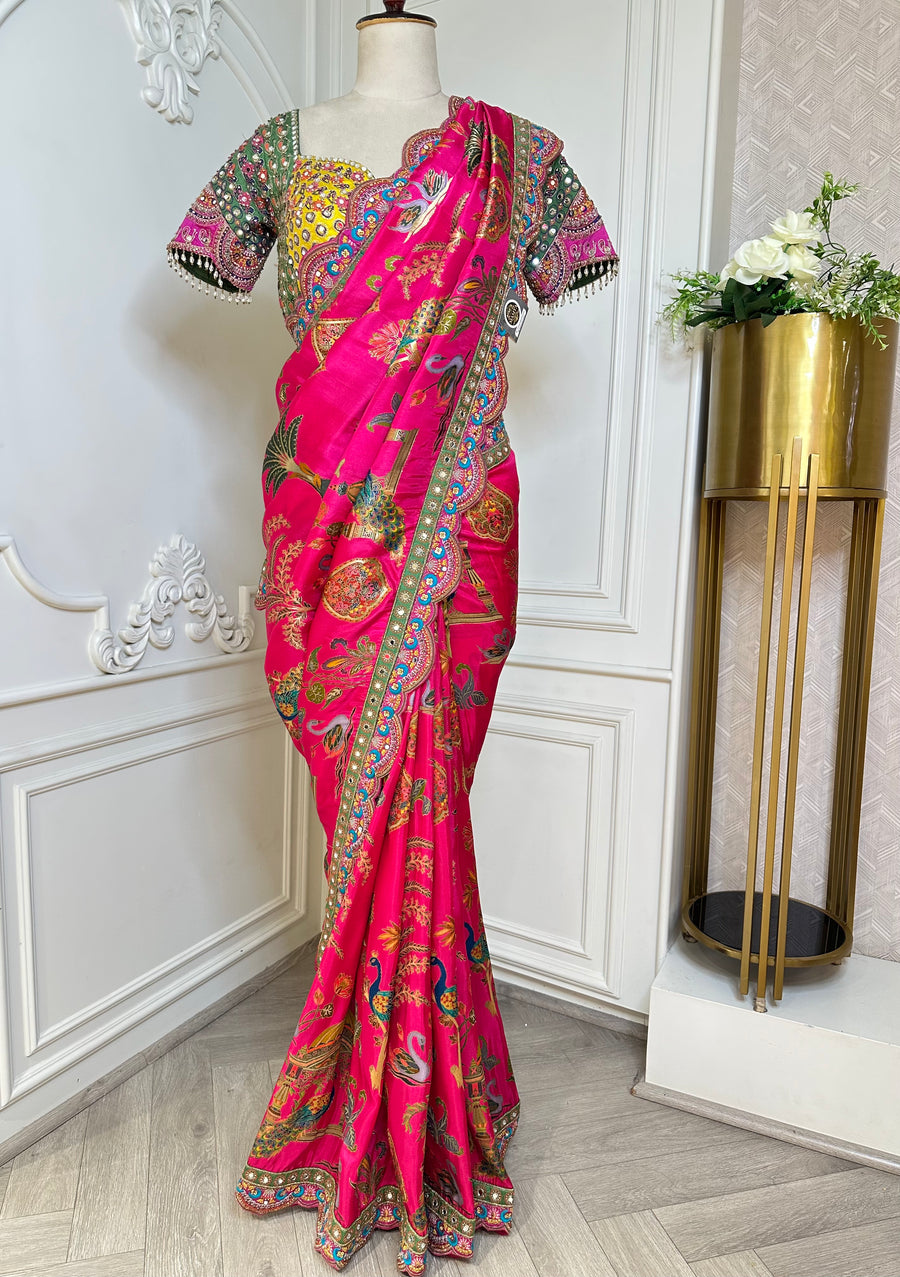 Rani Pink Peacock Designer Saree - front view