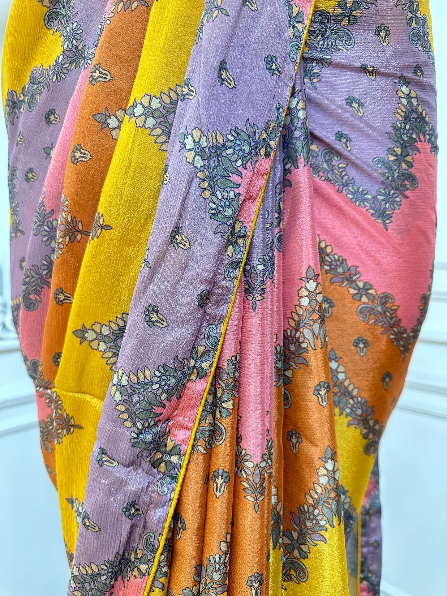 Mustard Yellow & Blush Pink Designer Printed Saree with Elegant Floral Motifs