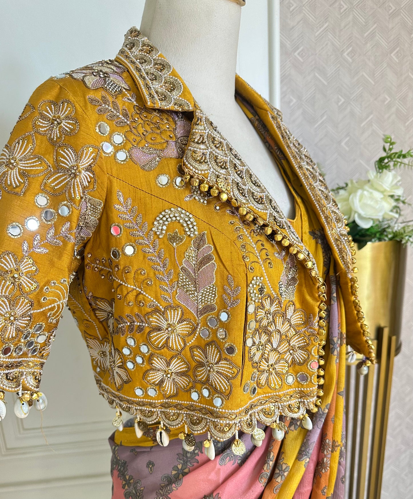 Mustard Yellow & Blush Pink Designer Printed Saree with Elegant Floral Motifs