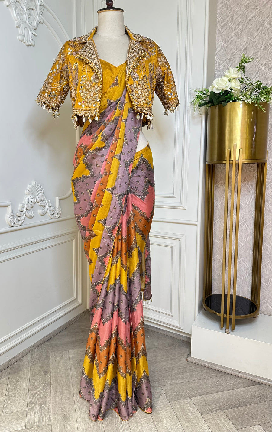 Mustard Yellow & Blush Pink Designer Printed Saree - front view