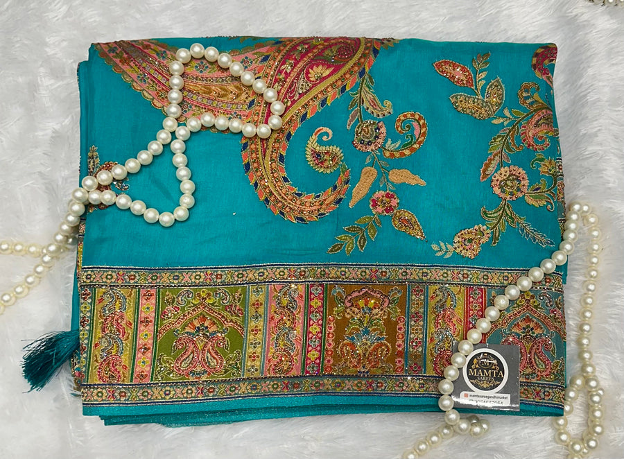 Mustard Paisley Print Saree - close-up embroidery detail