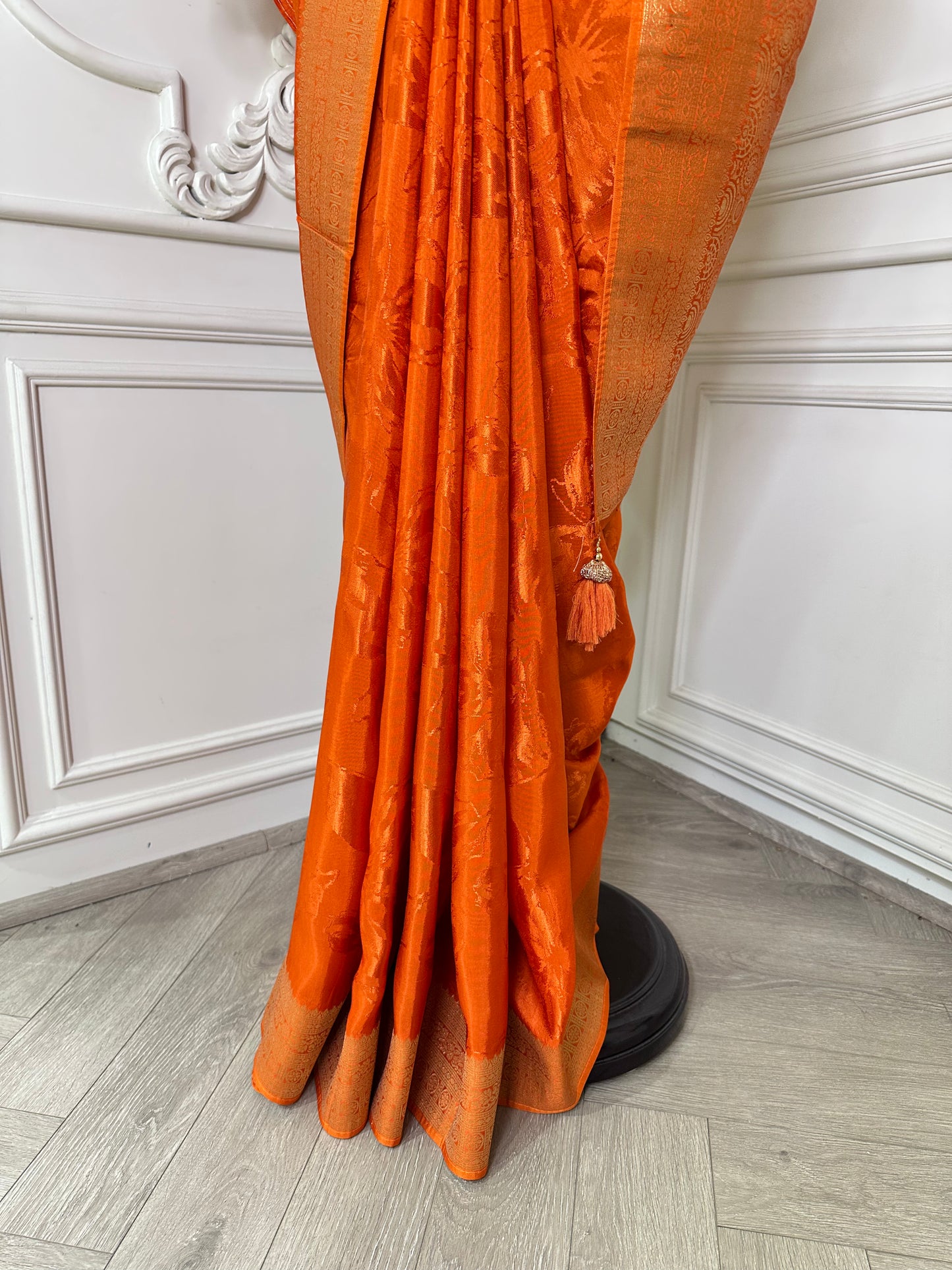 Royal Banarasi Silk Saree with Rich Gold Zari Border & Tassels