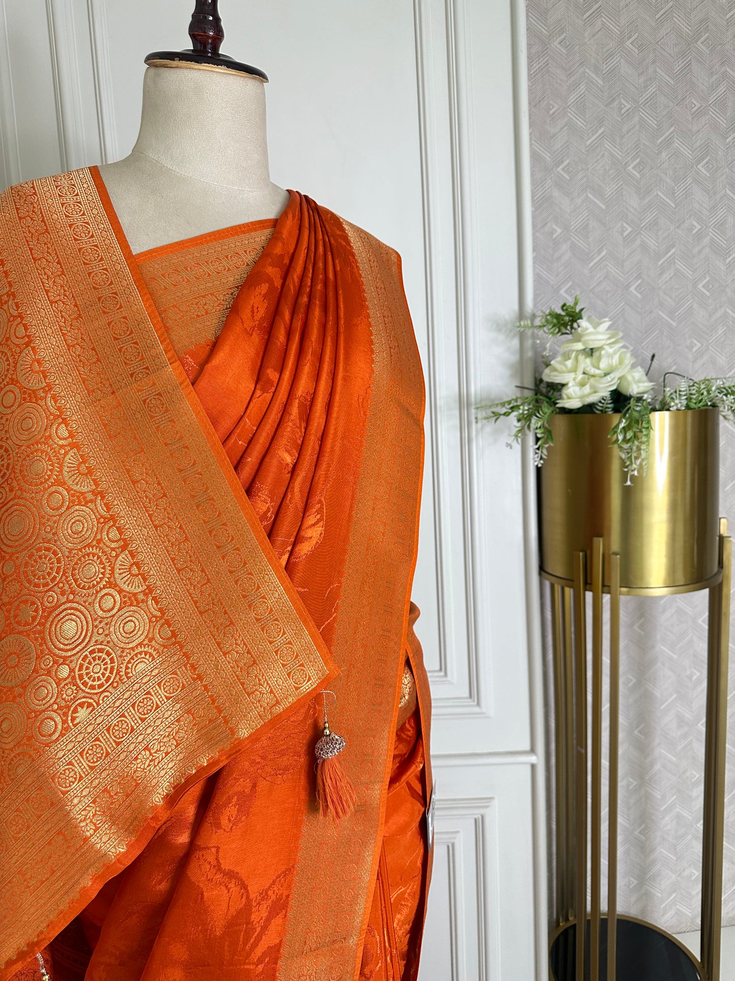 Royal Banarasi Silk Saree with Rich Gold Zari Border & Tassels