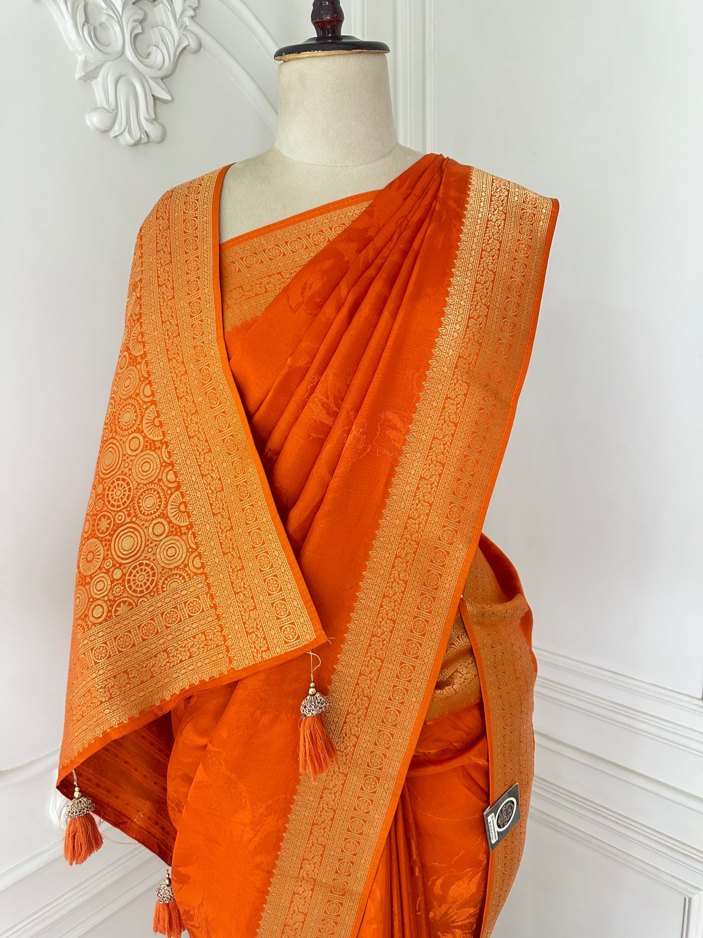 Royal Banarasi Silk Saree with Rich Gold Zari Border & Tassels