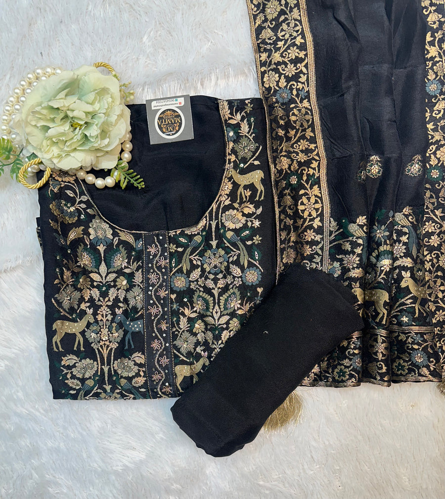 Black Embroidered Designer Suit Set - front view