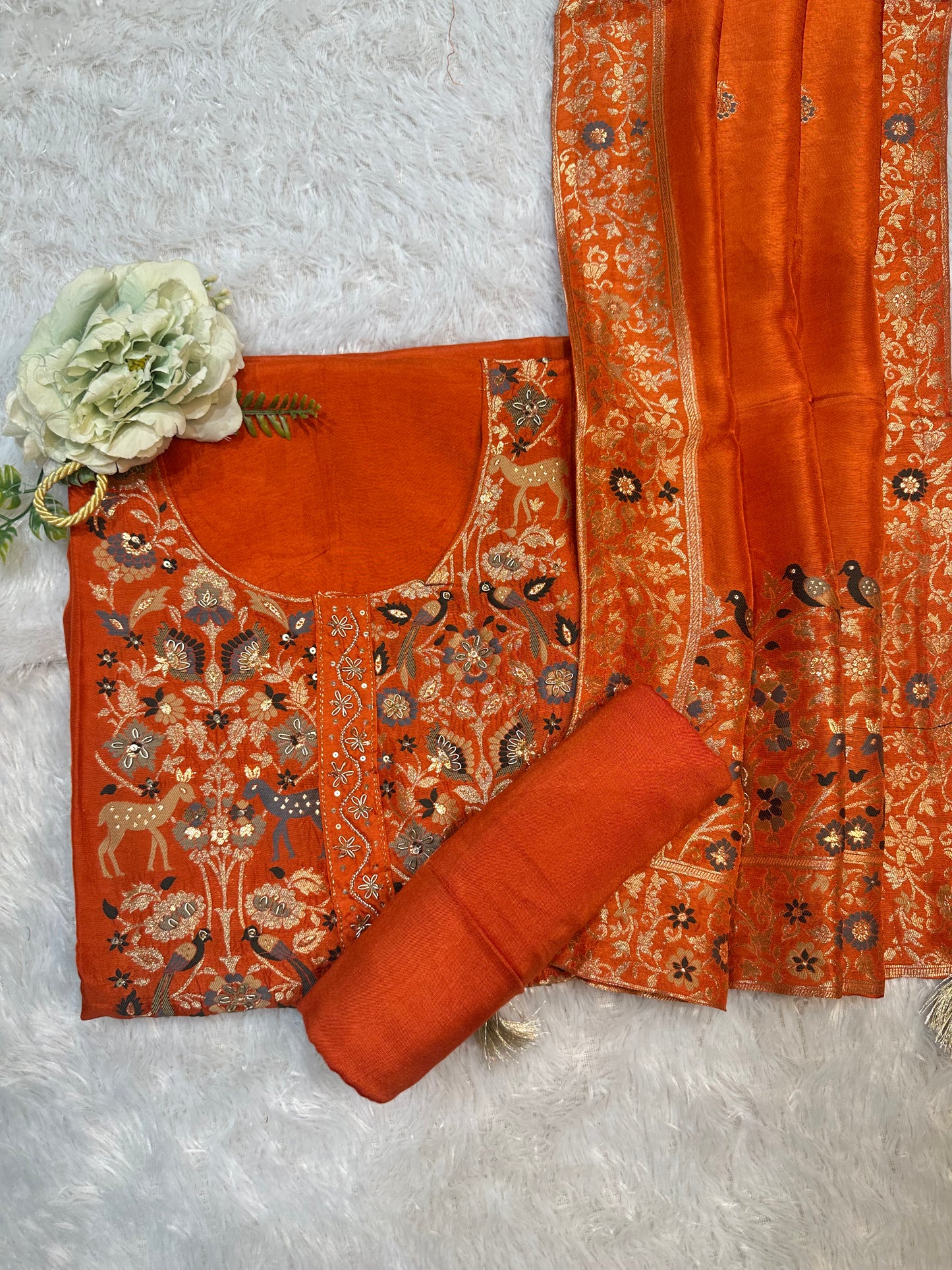 Rust Orange Embroidered Designer Suit Set