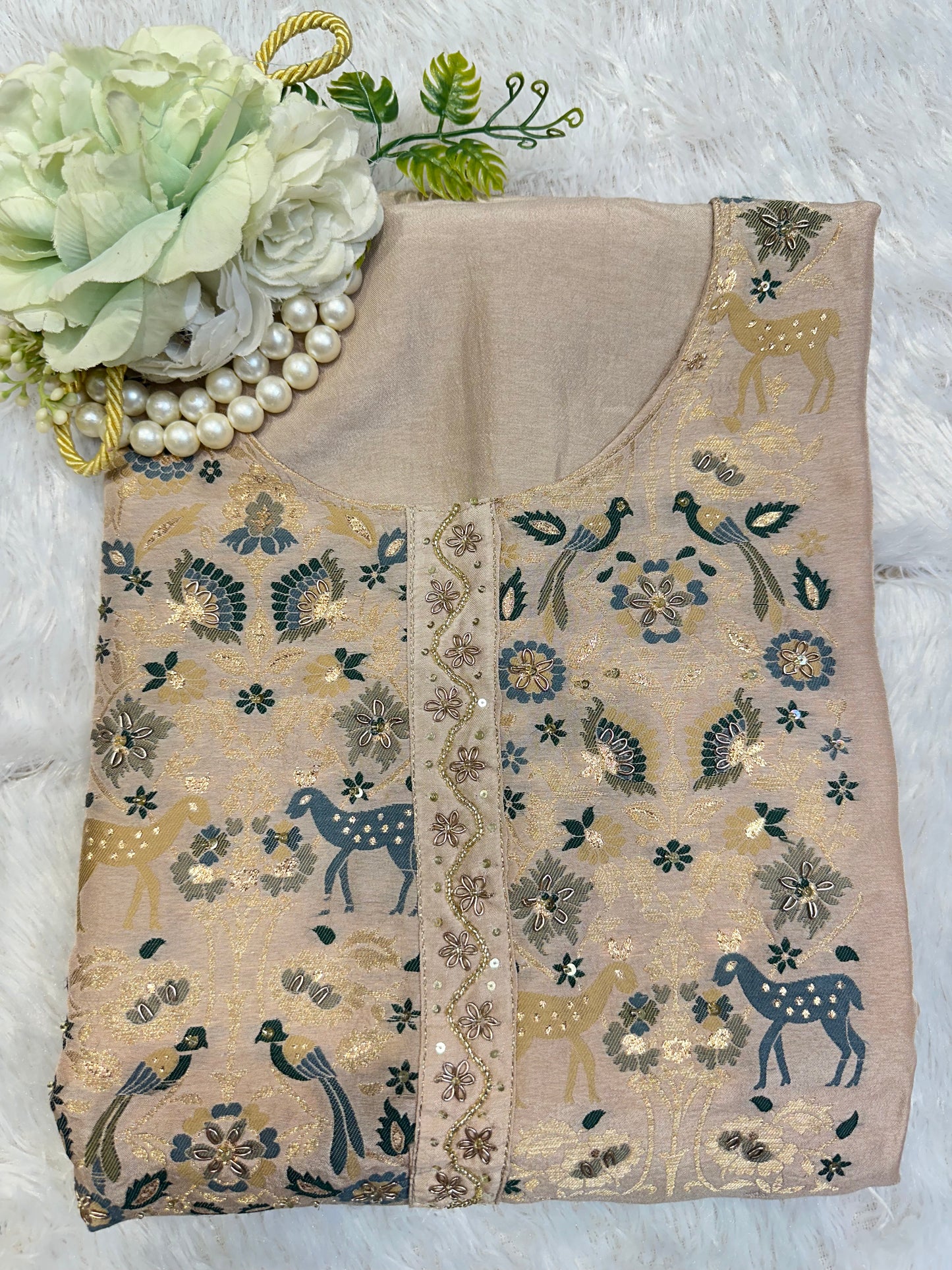 Beige Embroidered Designer Suit Set