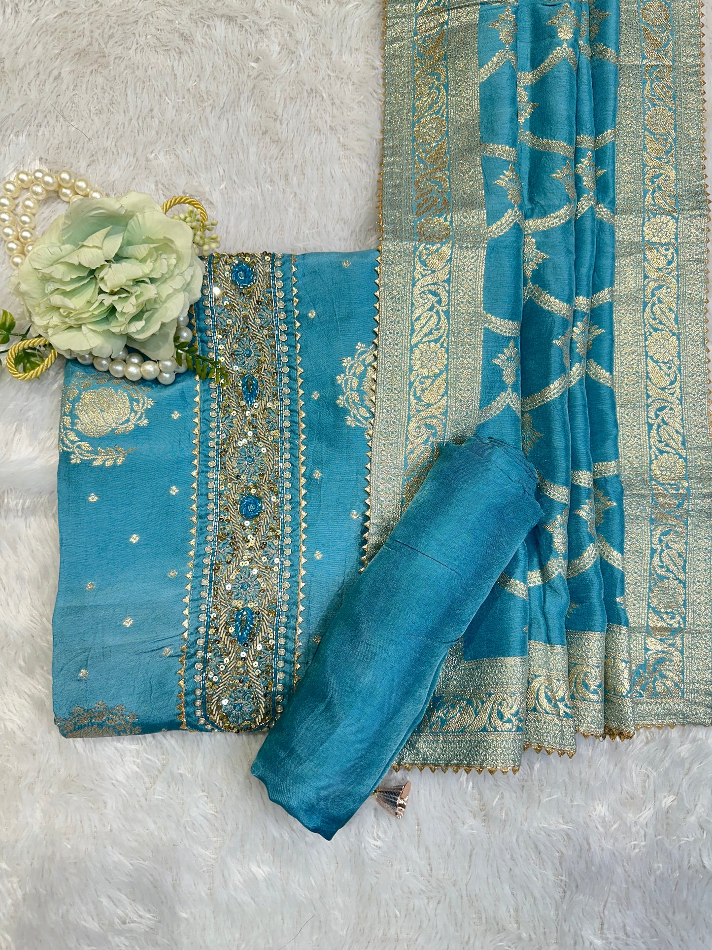 Sky Blue Embroidered Designer Suit Set