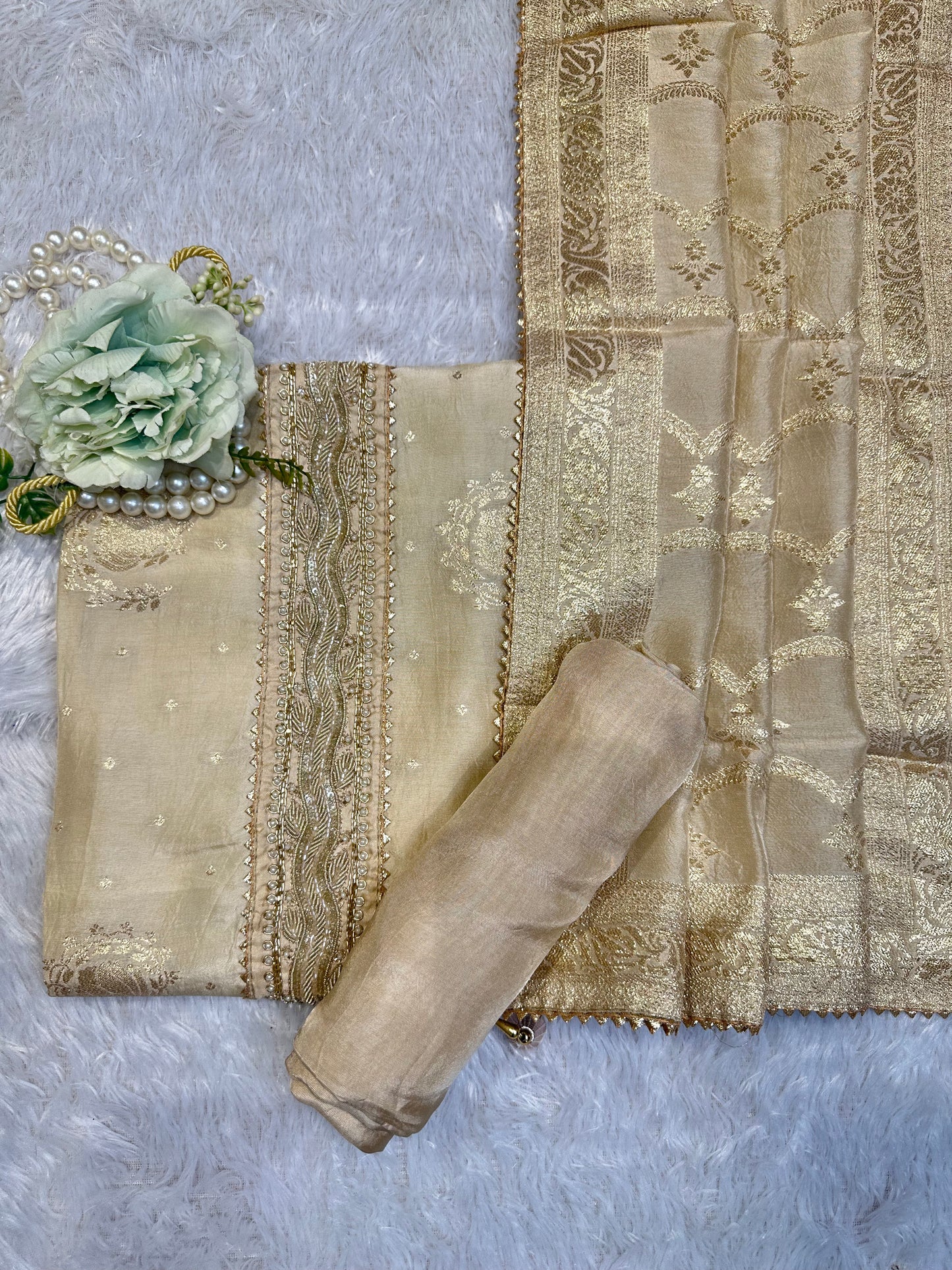 Golden Beige Embroidered Designer Suit Set