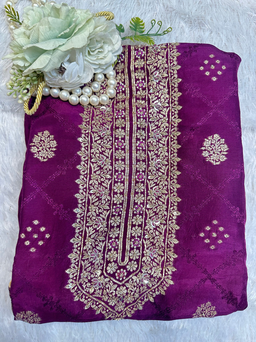 Purple Embroidered Designer Suit Set - front view