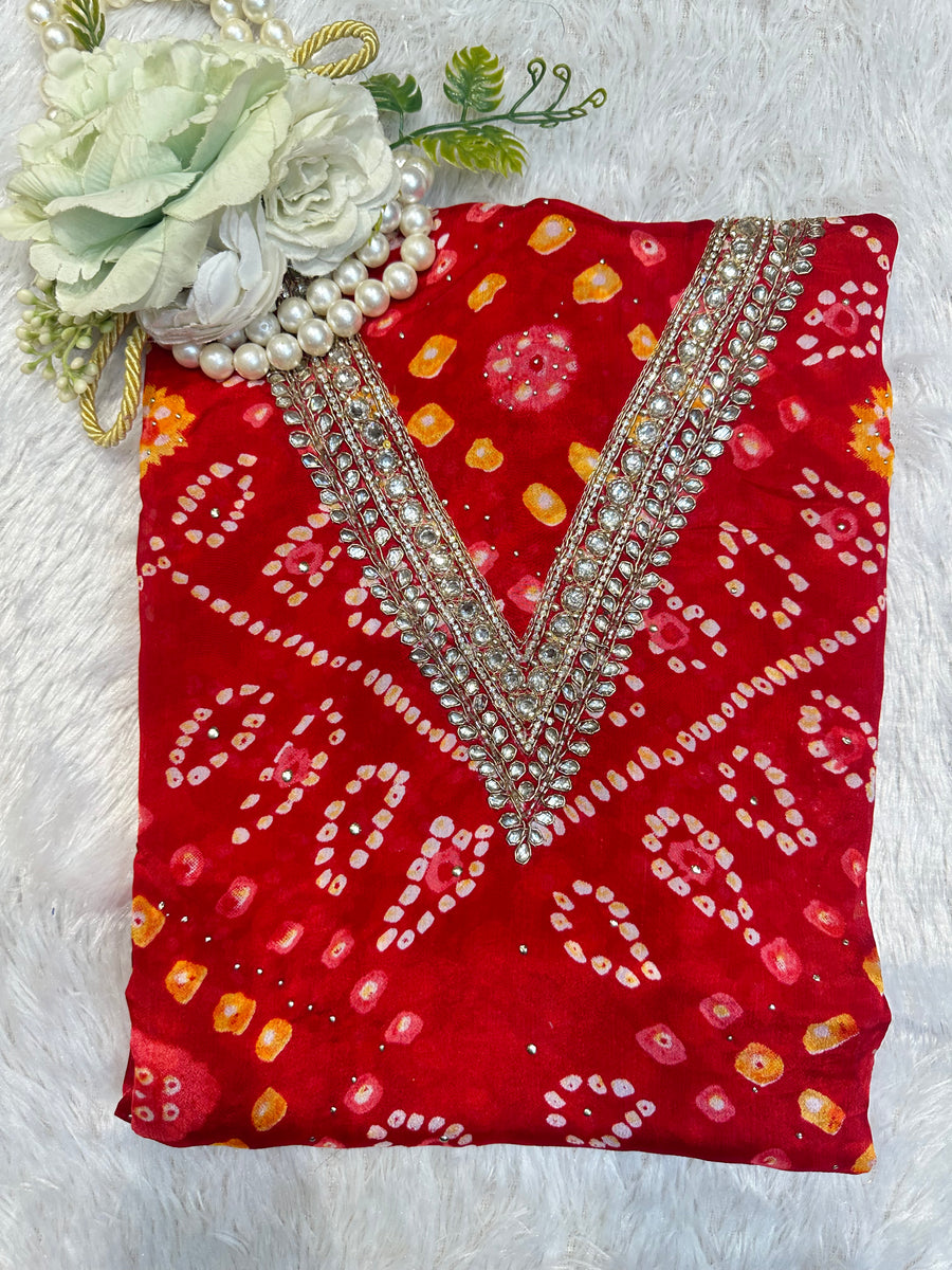 Red Bandhani Embroidered Suit Set - front view