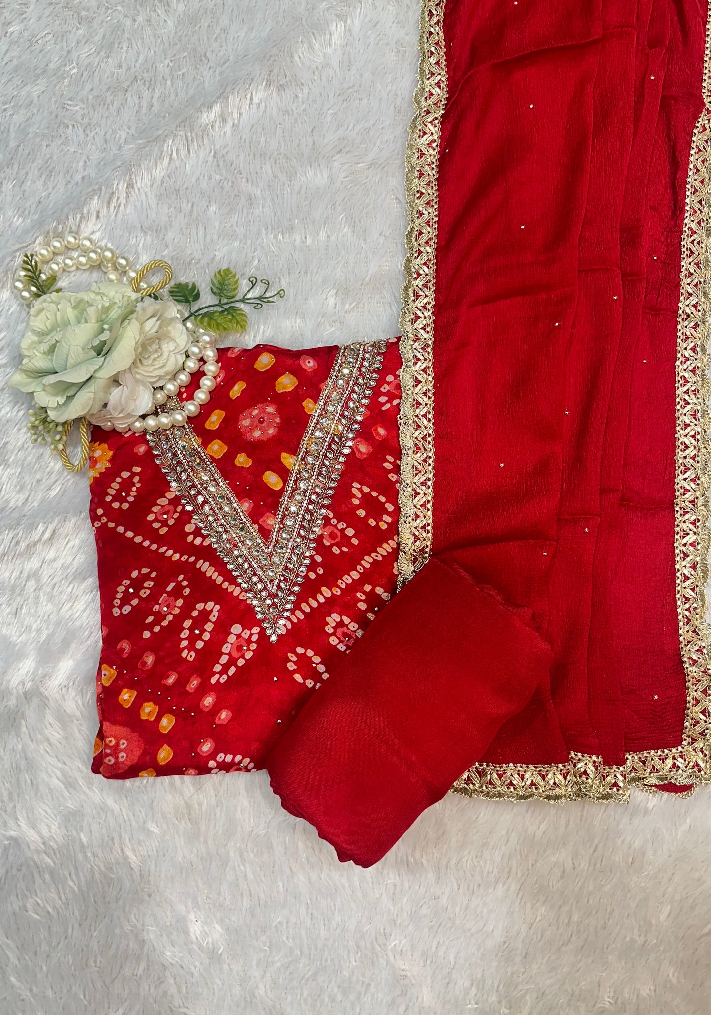 Red Bandhani Embroidered Suit Set