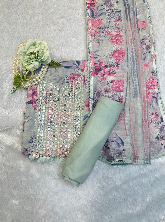 Mint Floral Embroidered Suit Set