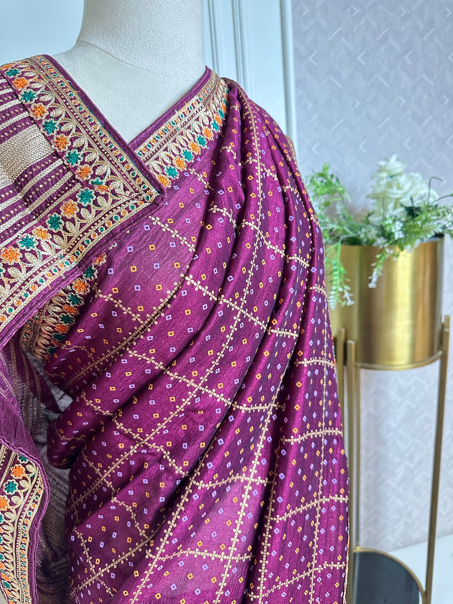 Royal Purple Designer Saree with Gold Buti Checks & Multicolor Embroidered Border