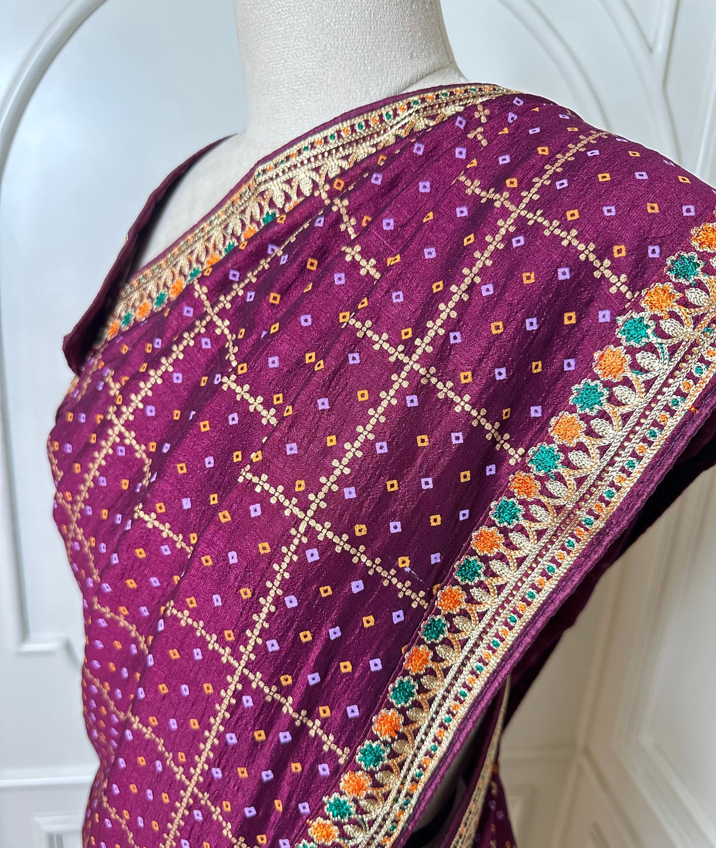 Royal Purple Designer Saree with Gold Buti Checks & Multicolor Embroidered Border