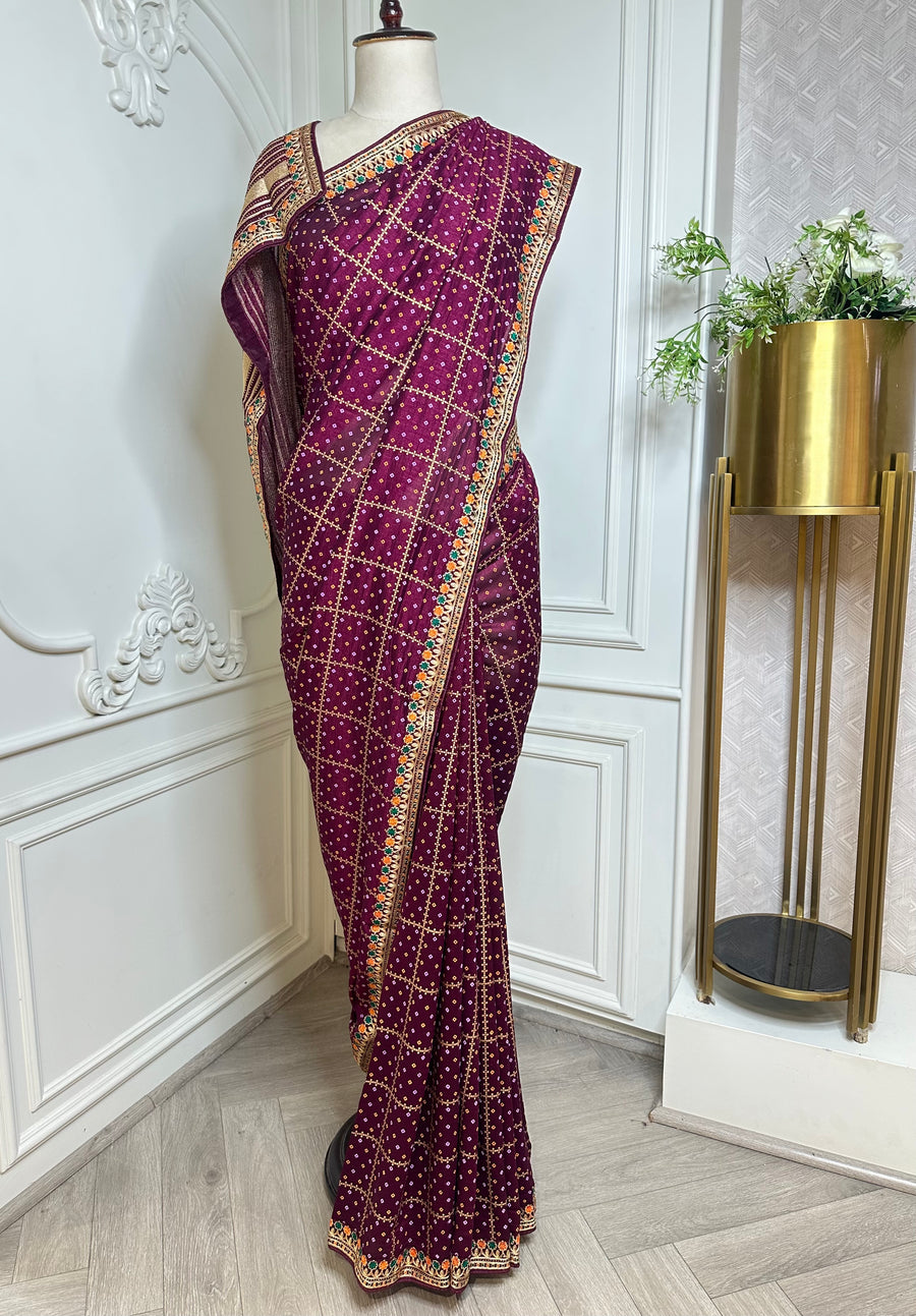 Royal Purple Designer Saree with Gold Buti Checks & Multicolor Embroidered Border - front view