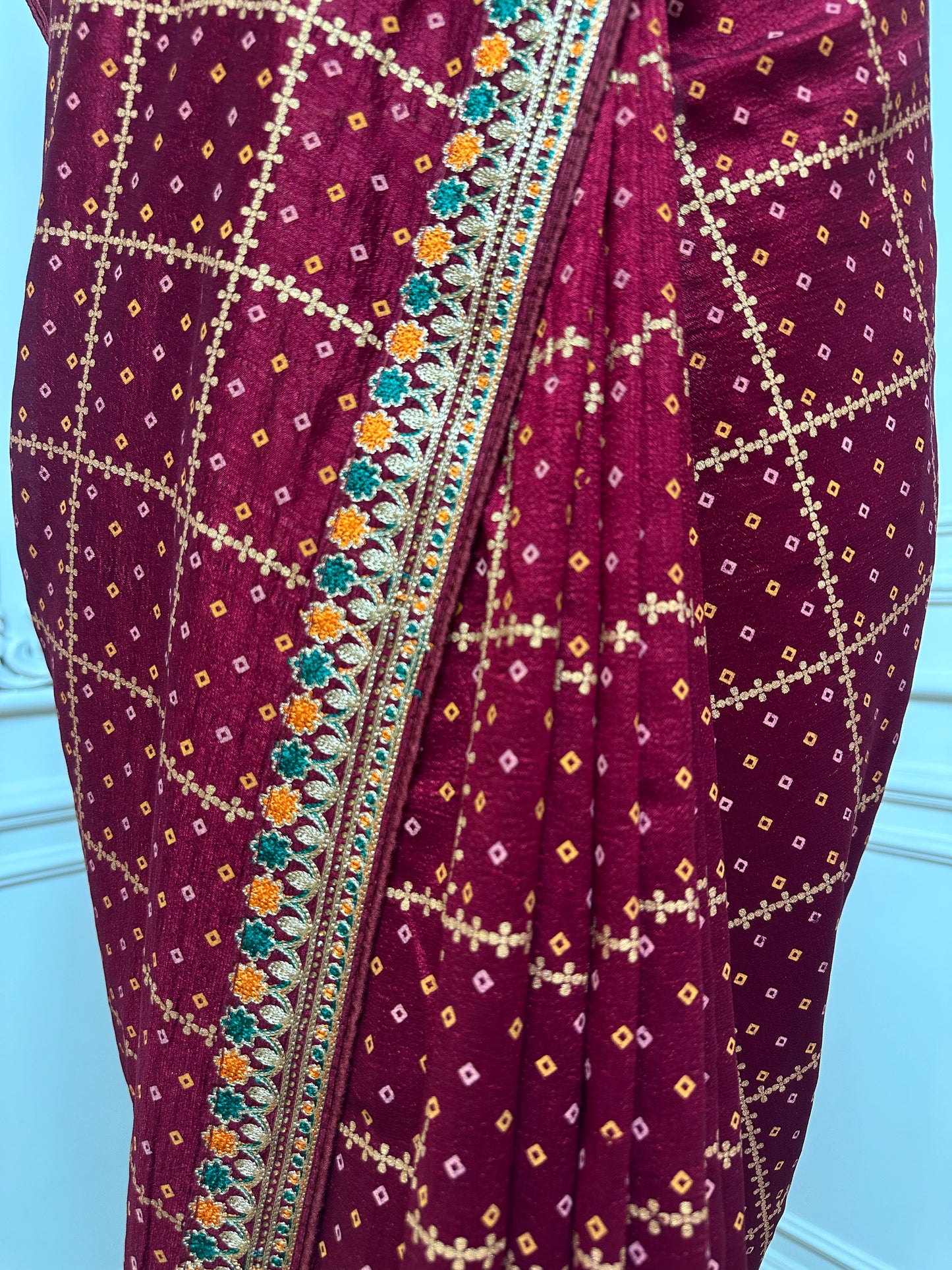 Royal Maroon Designer Saree with Gold Buti Checks