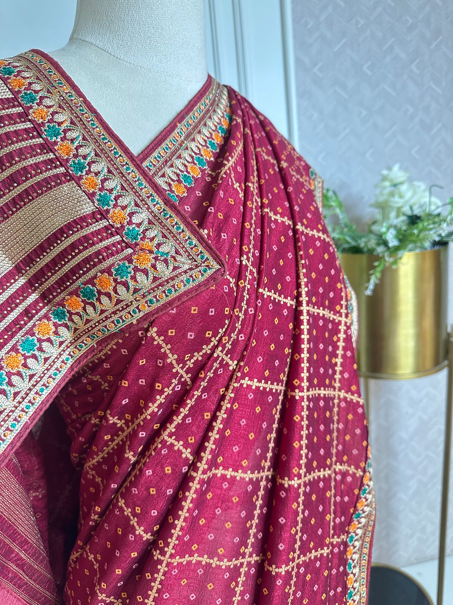 Royal Maroon Designer Saree with Gold Buti Checks