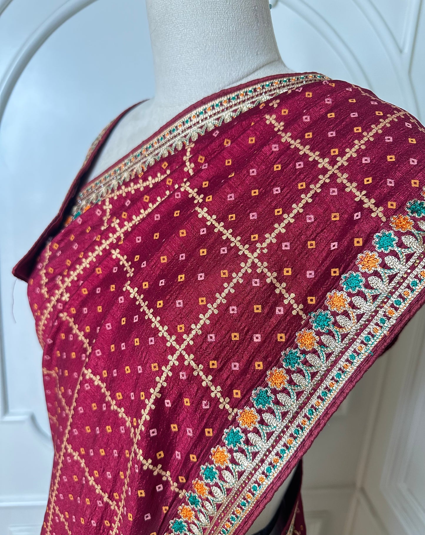 Royal Maroon Designer Saree with Gold Buti Checks