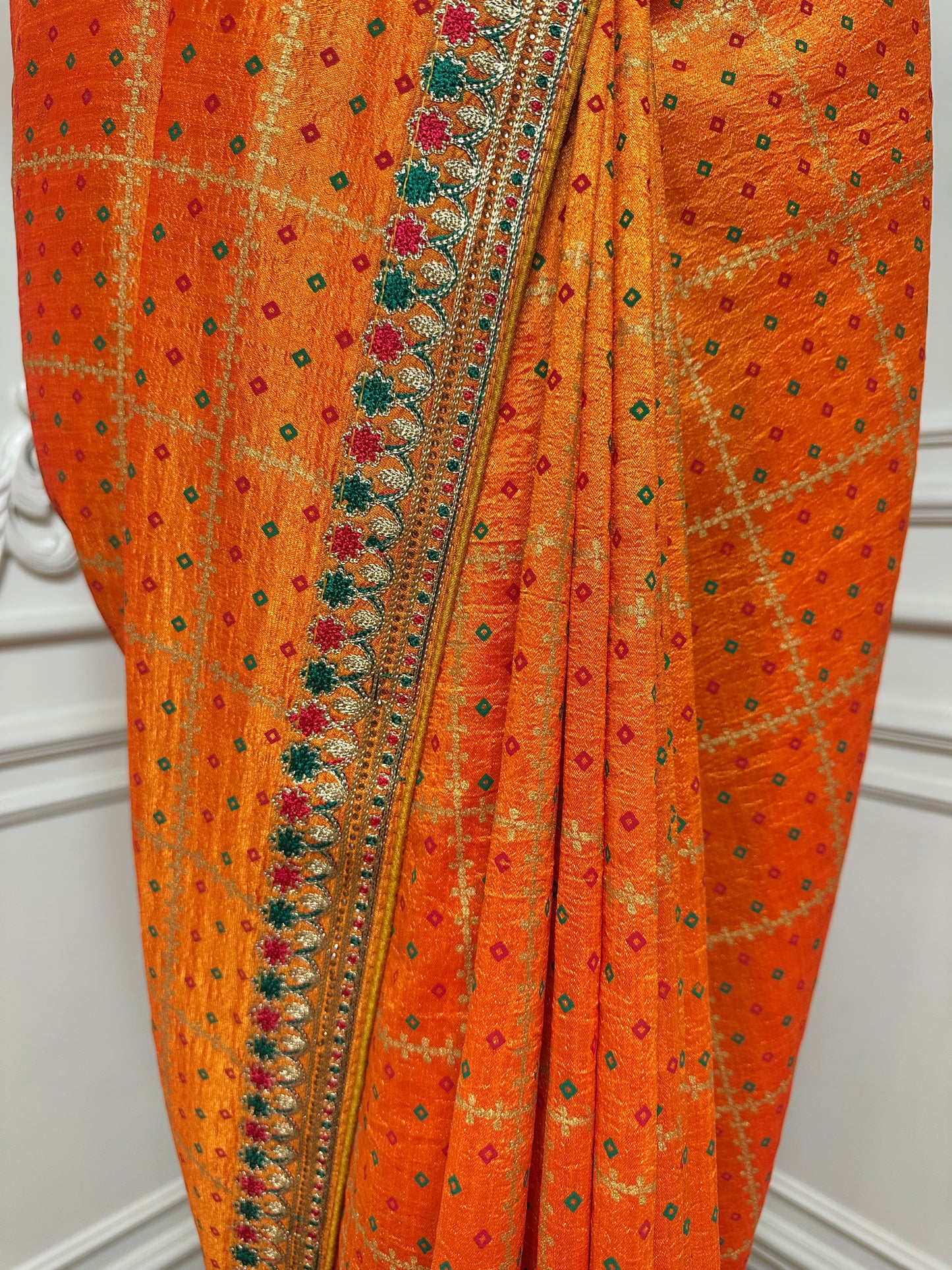 Vibrant Orange Designer Saree with Gold Buti Checks & Multicolor Embroidered Border