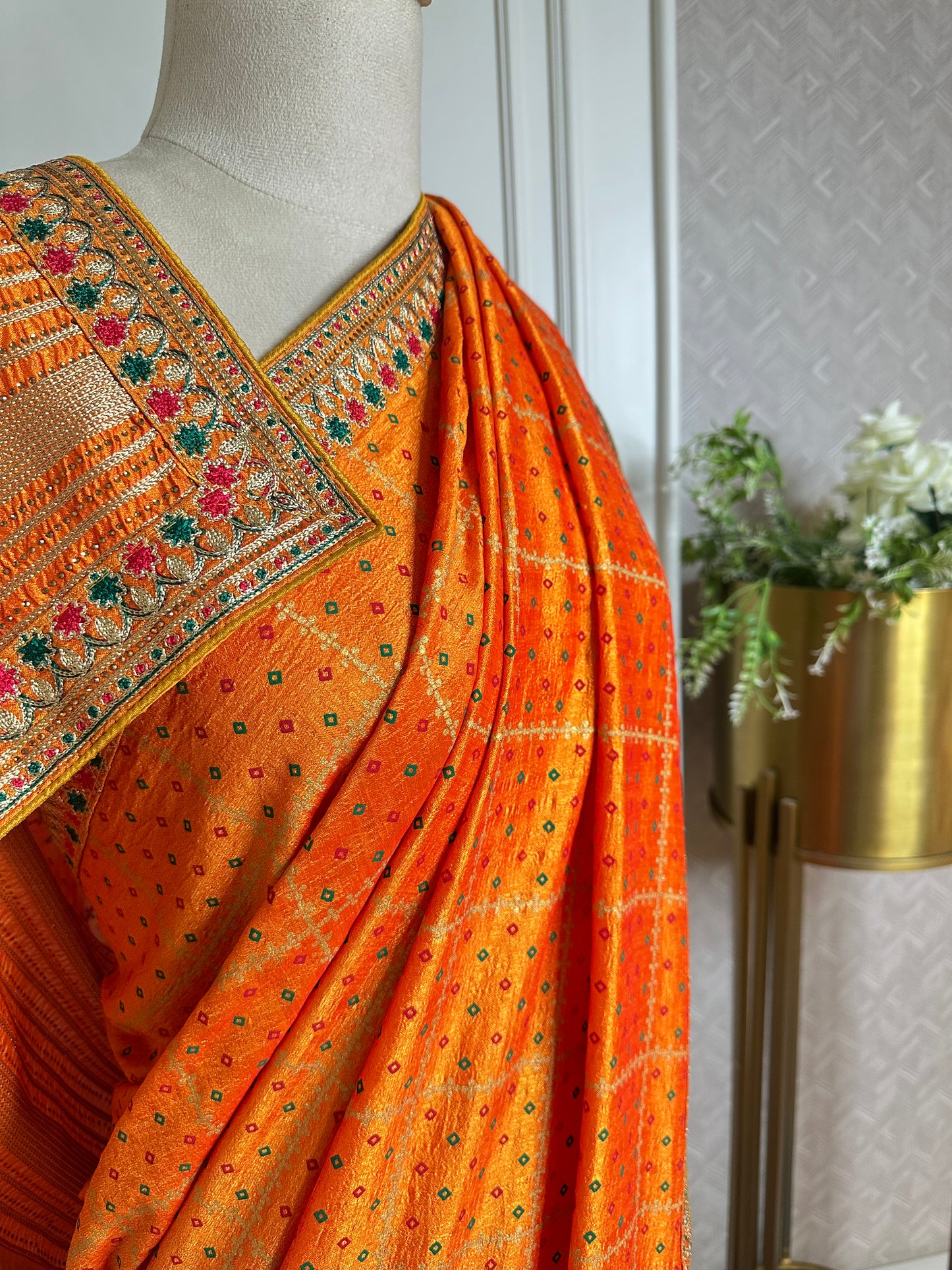 Vibrant Orange Designer Saree with Gold Buti Checks & Multicolor Embroidered Border