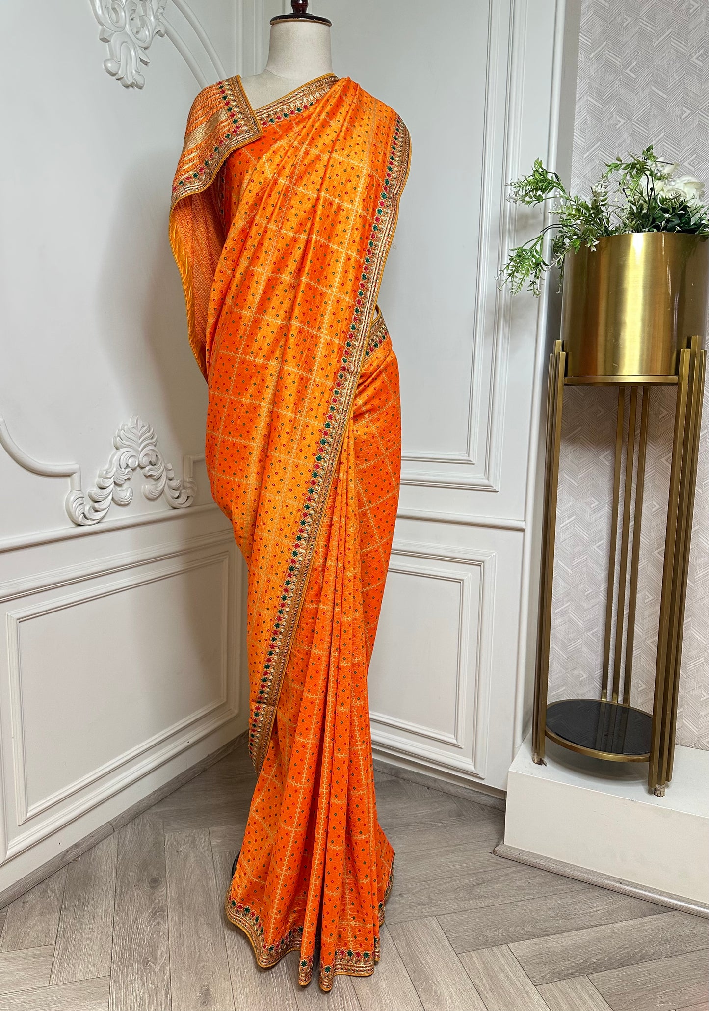 Vibrant Orange Designer Saree with Gold Buti Checks & Multicolor Embroidered Border