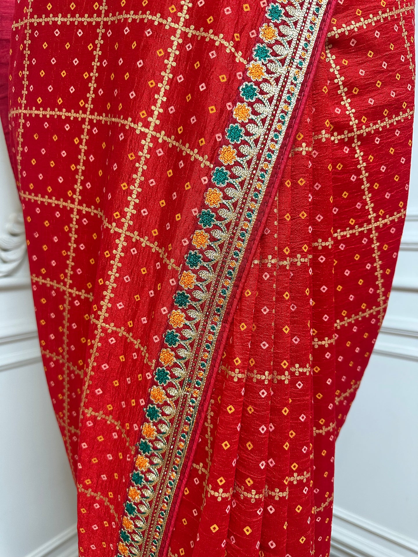Classic Red Designer Saree with Gold Check Pattern & Embroidered Border