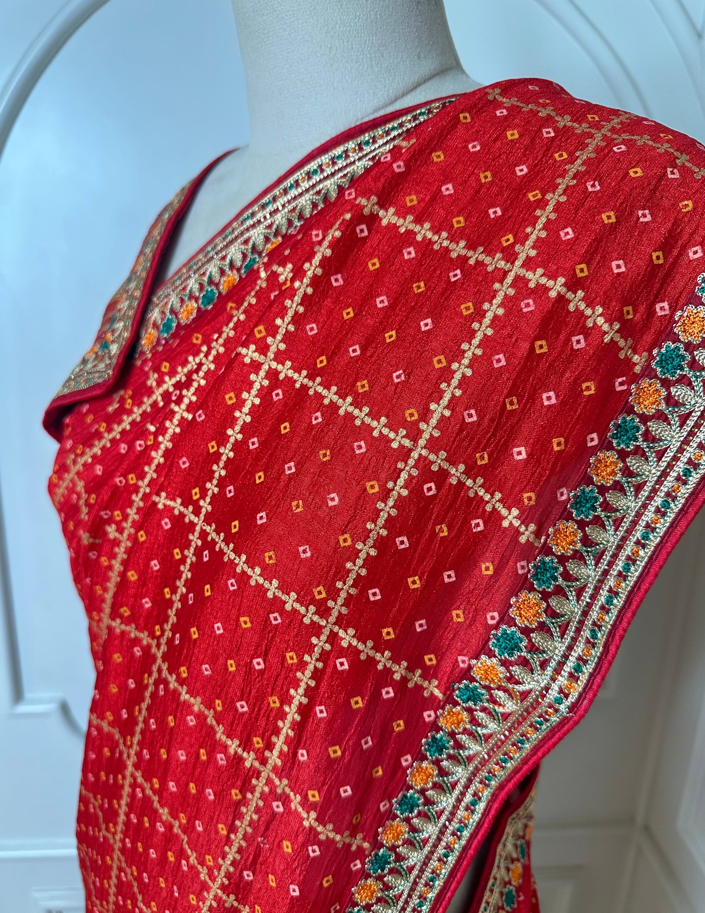 Classic Red Designer Saree with Gold Check Pattern & Embroidered Border
