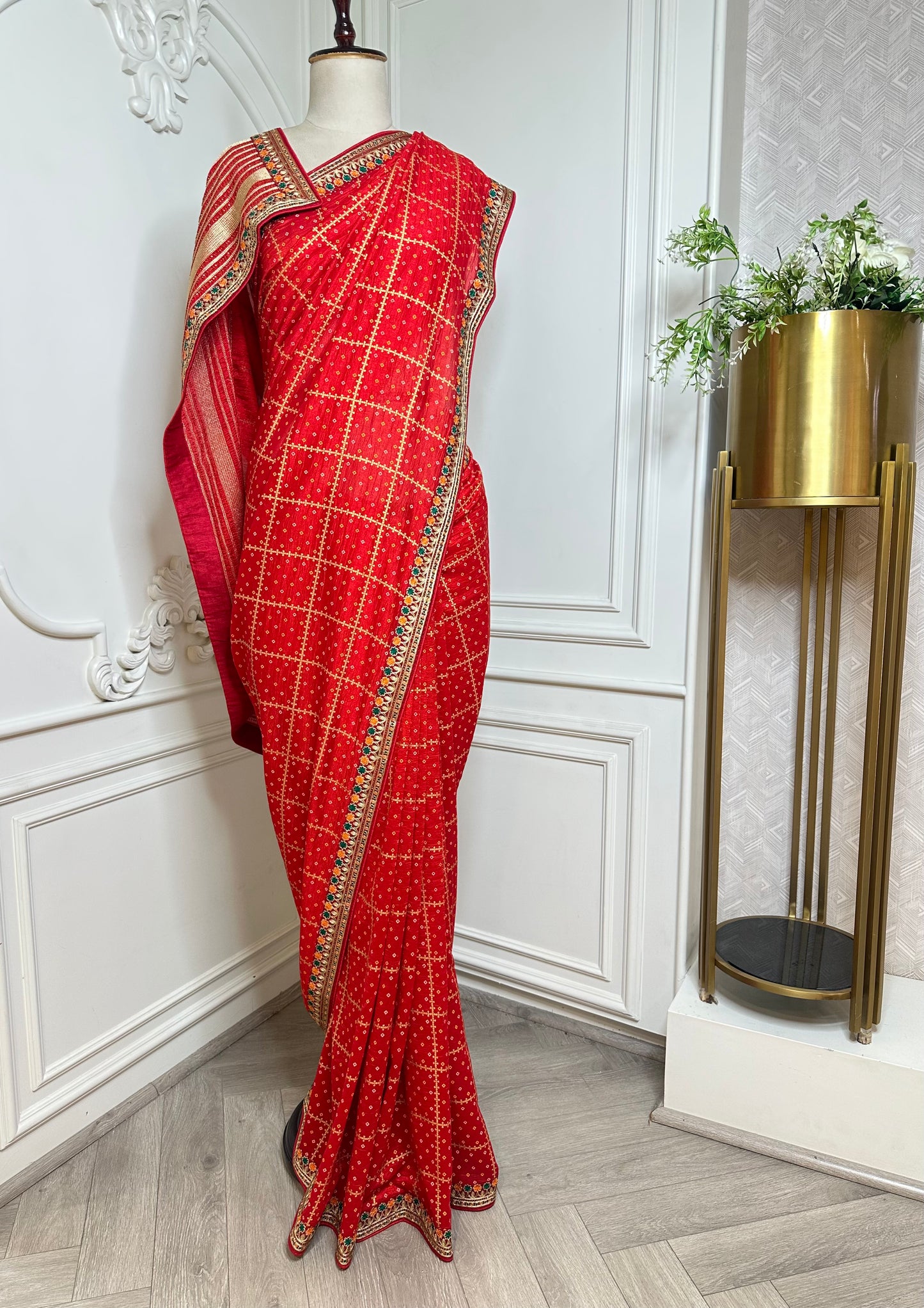 Classic Red Designer Saree with Gold Check Pattern & Embroidered Border