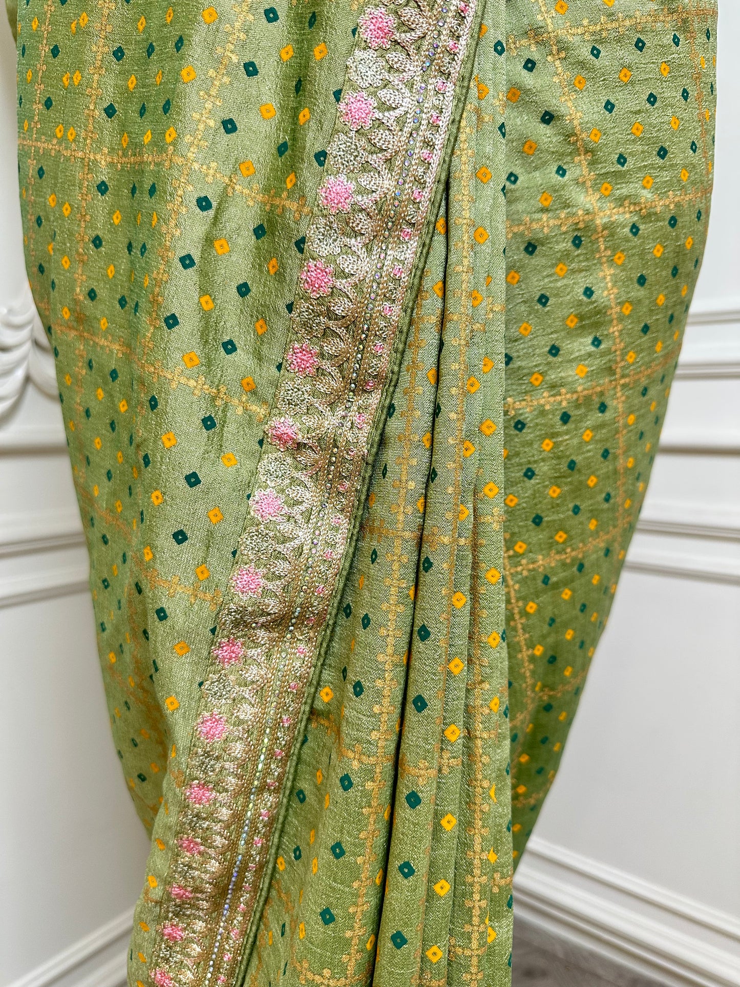 Pastel Pistachio Green Designer Saree with Gold Buti & Floral Embroidered Border