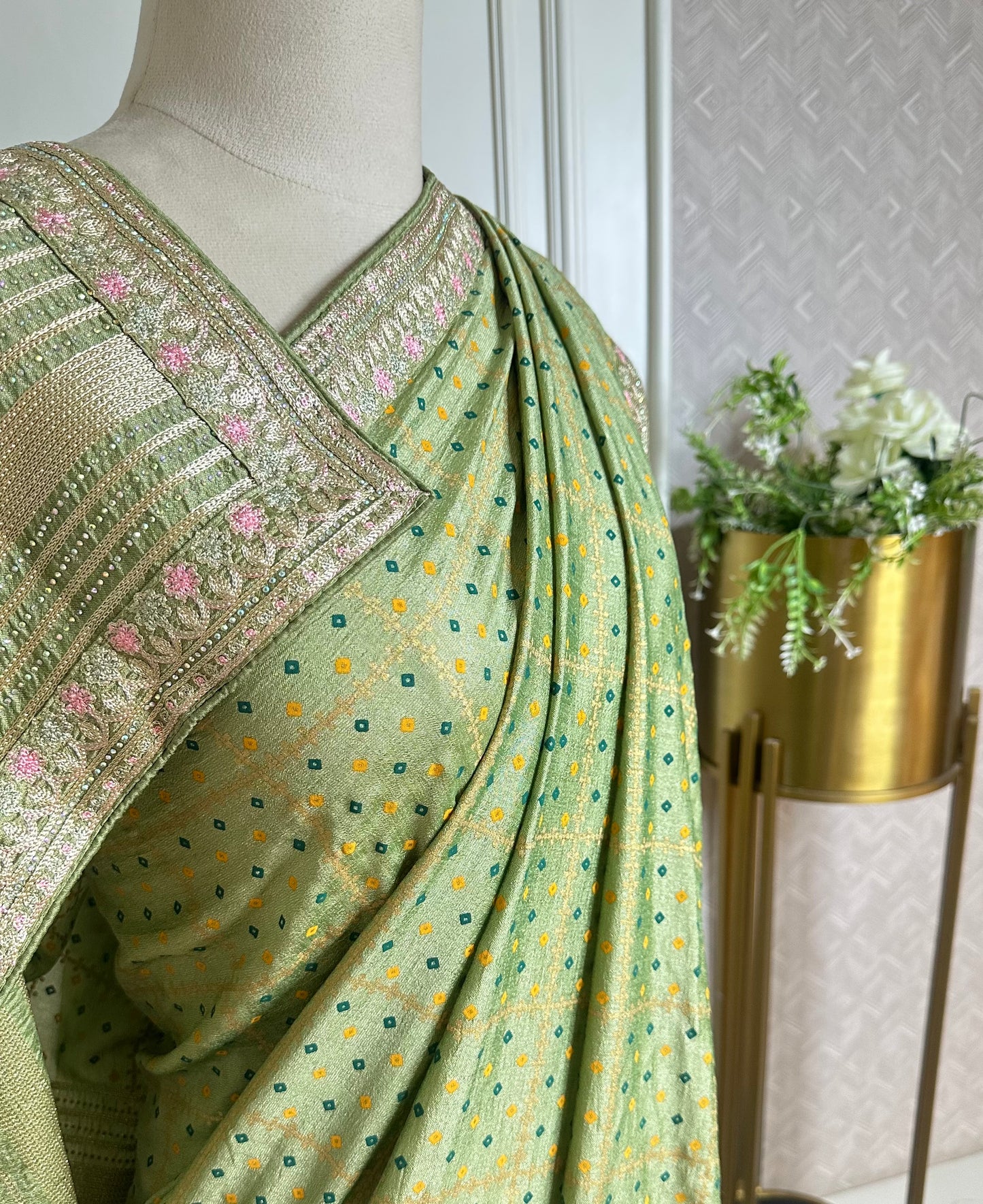 Pastel Pistachio Green Designer Saree with Gold Buti & Floral Embroidered Border
