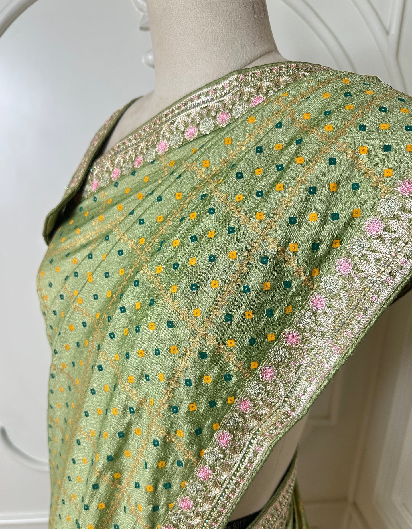 Pastel Pistachio Green Designer Saree with Gold Buti & Floral Embroidered Border
