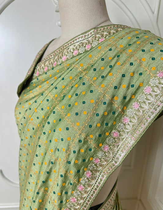 Pastel Pistachio Green Designer Saree with Gold Buti & Floral Embroidered Border