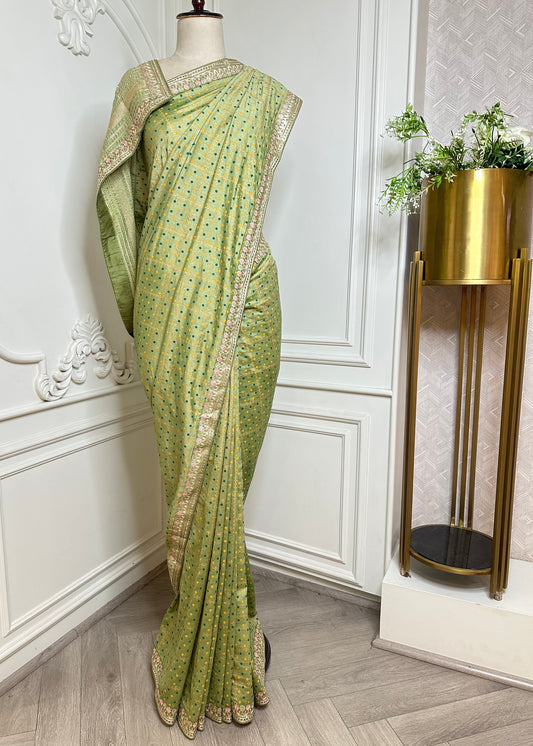 Pastel Pistachio Green Designer Saree with Gold Buti & Floral Embroidered Border