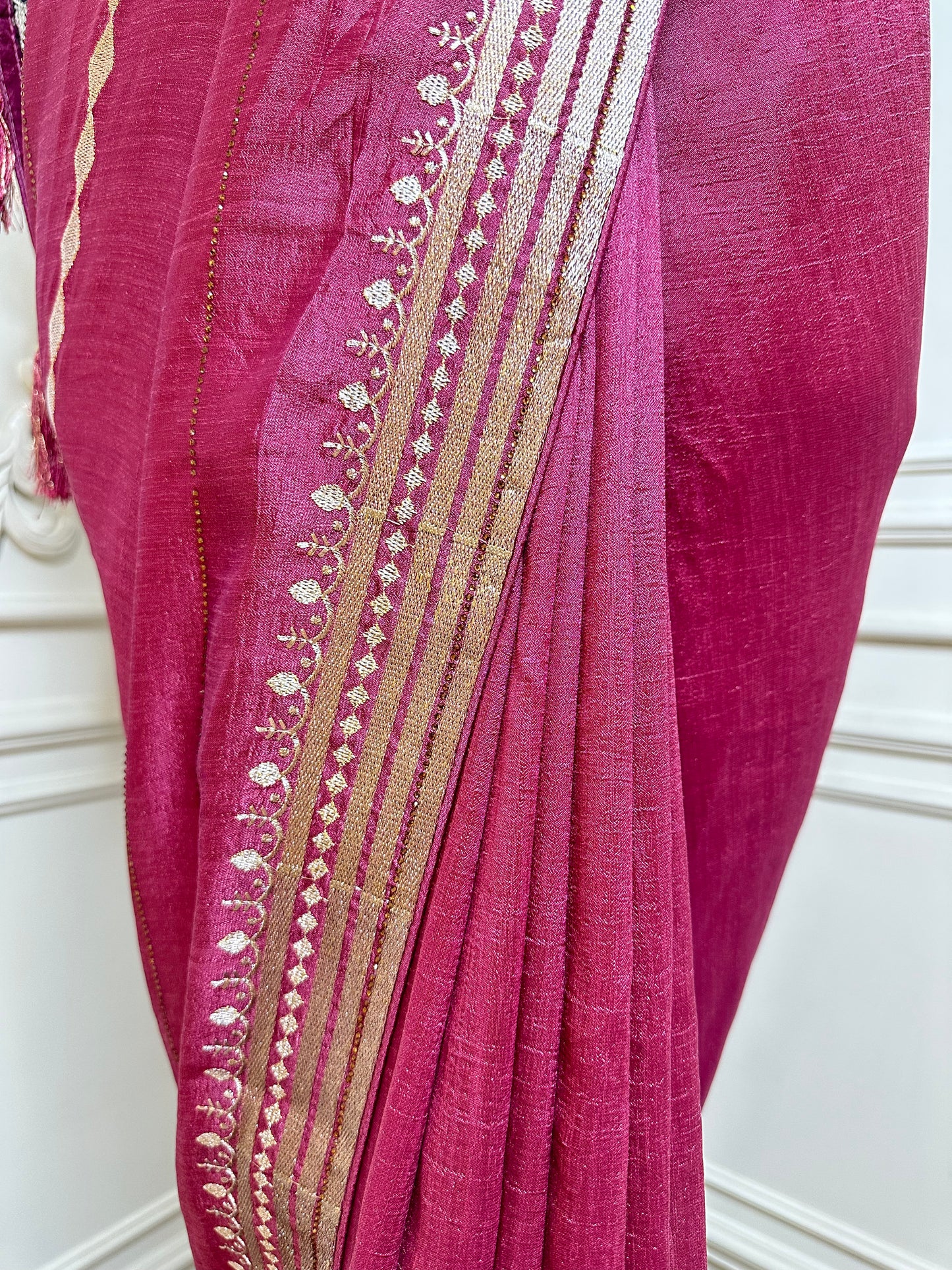 Dusty Rose Pink Designer Saree with Zari Woven Border & Tassels