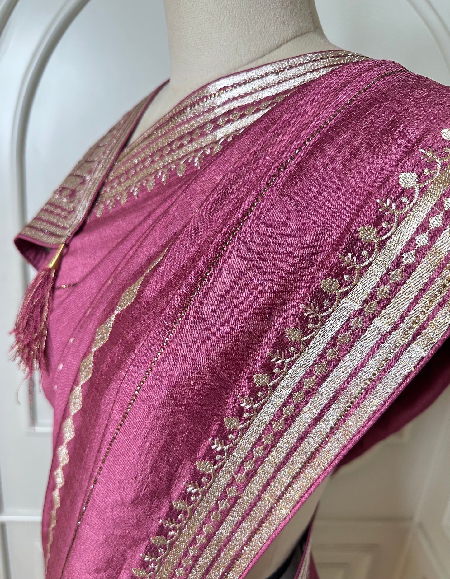 Dusty Rose Pink Designer Saree with Zari Woven Border & Tassels
