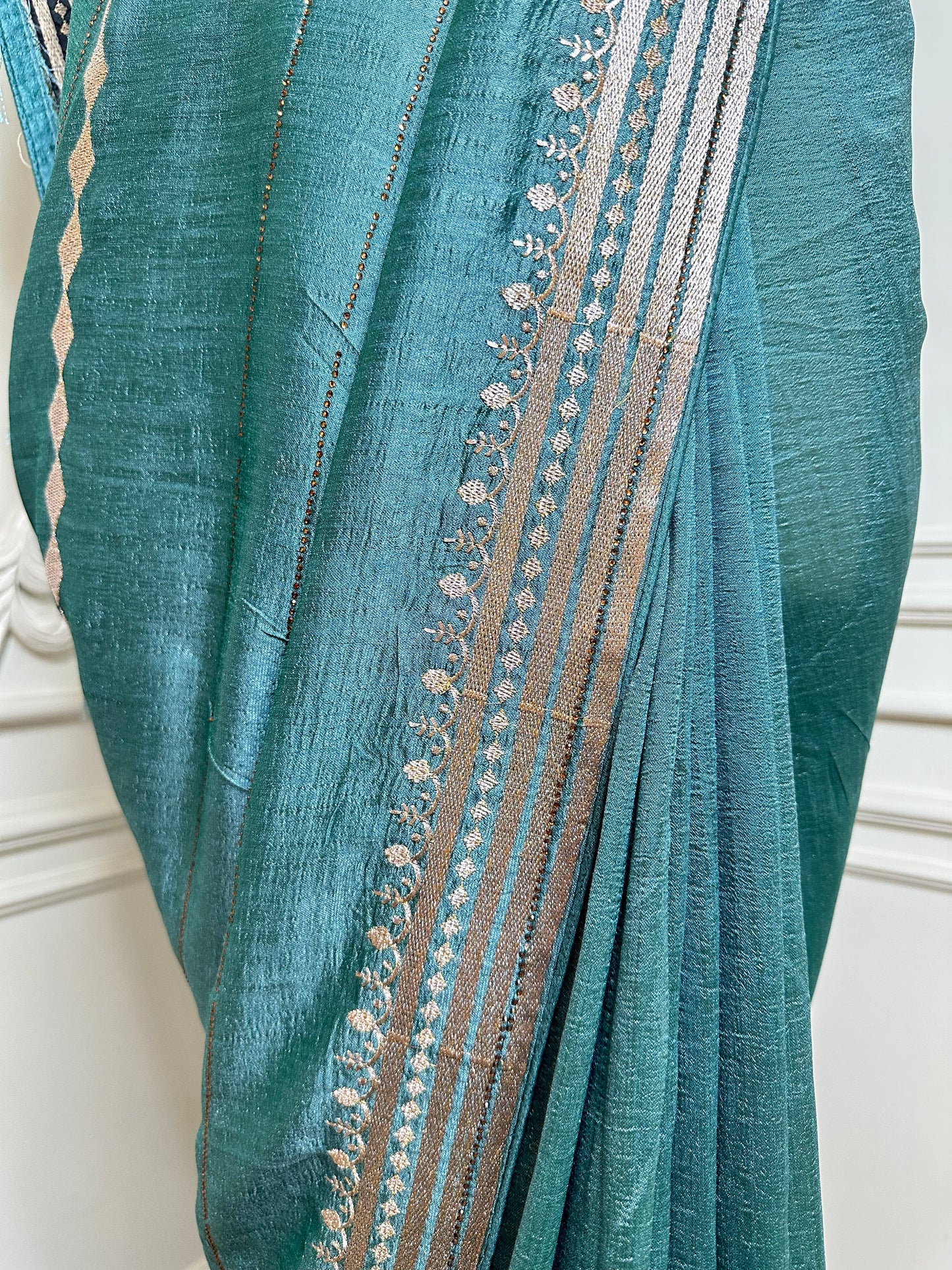 Aqua Blue Designer Saree with Zari Woven Border & Tassels