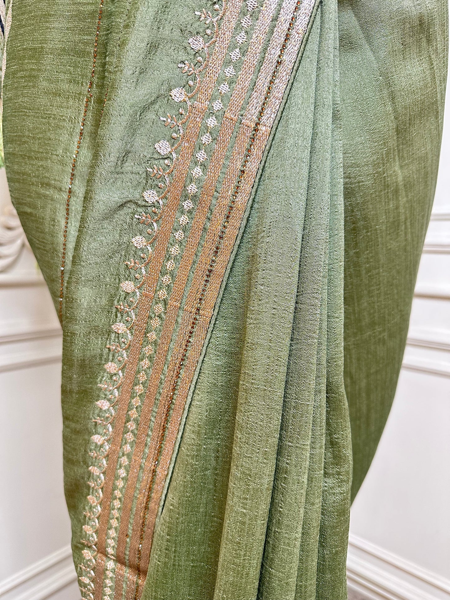 Pastel Mint Green Designer Saree with Zari Embroidered Border & Tassels
