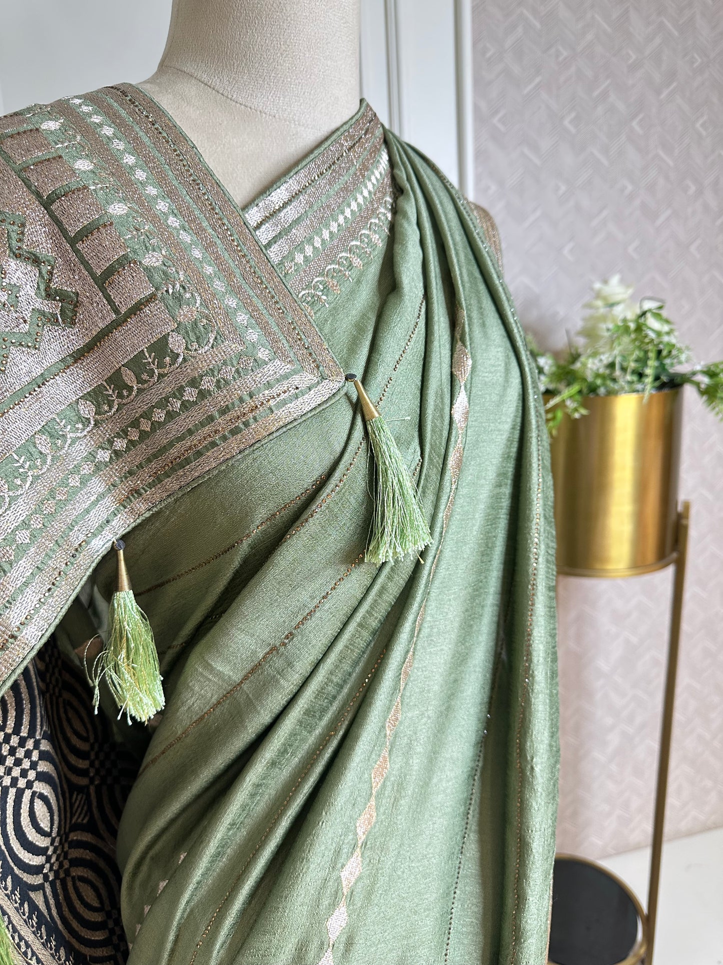 Pastel Mint Green Designer Saree with Zari Embroidered Border & Tassels
