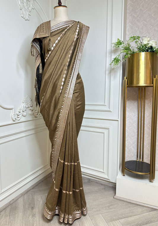 Olive Brown Designer Saree with Zari Embroidered Border & Tassels