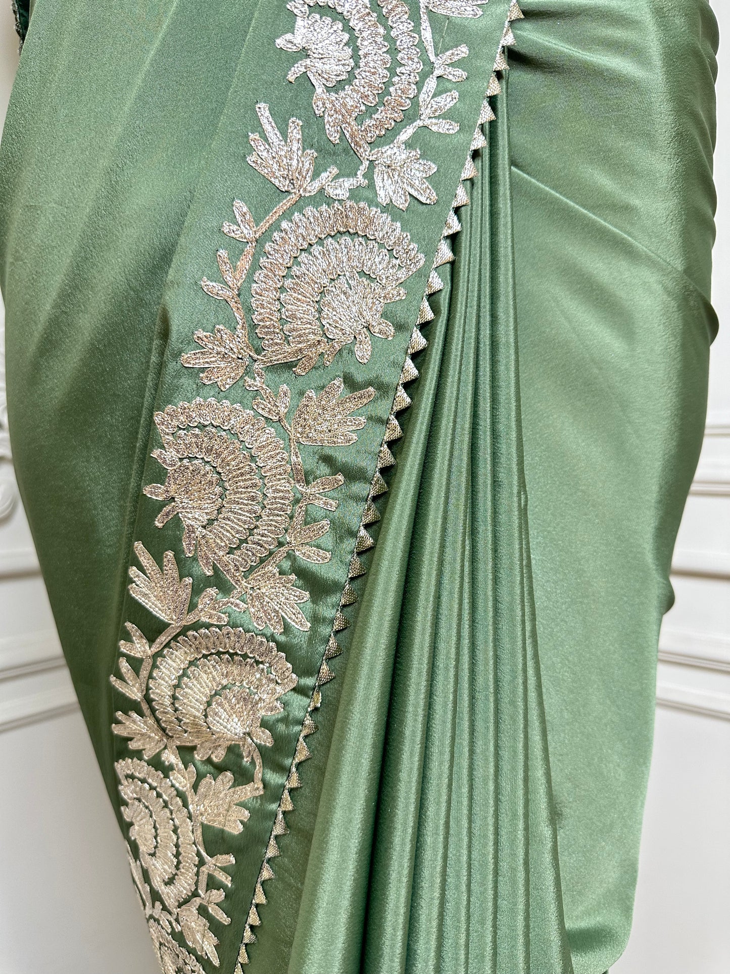 Sage Green Designer Saree with Ivory Thread Embroidered Border