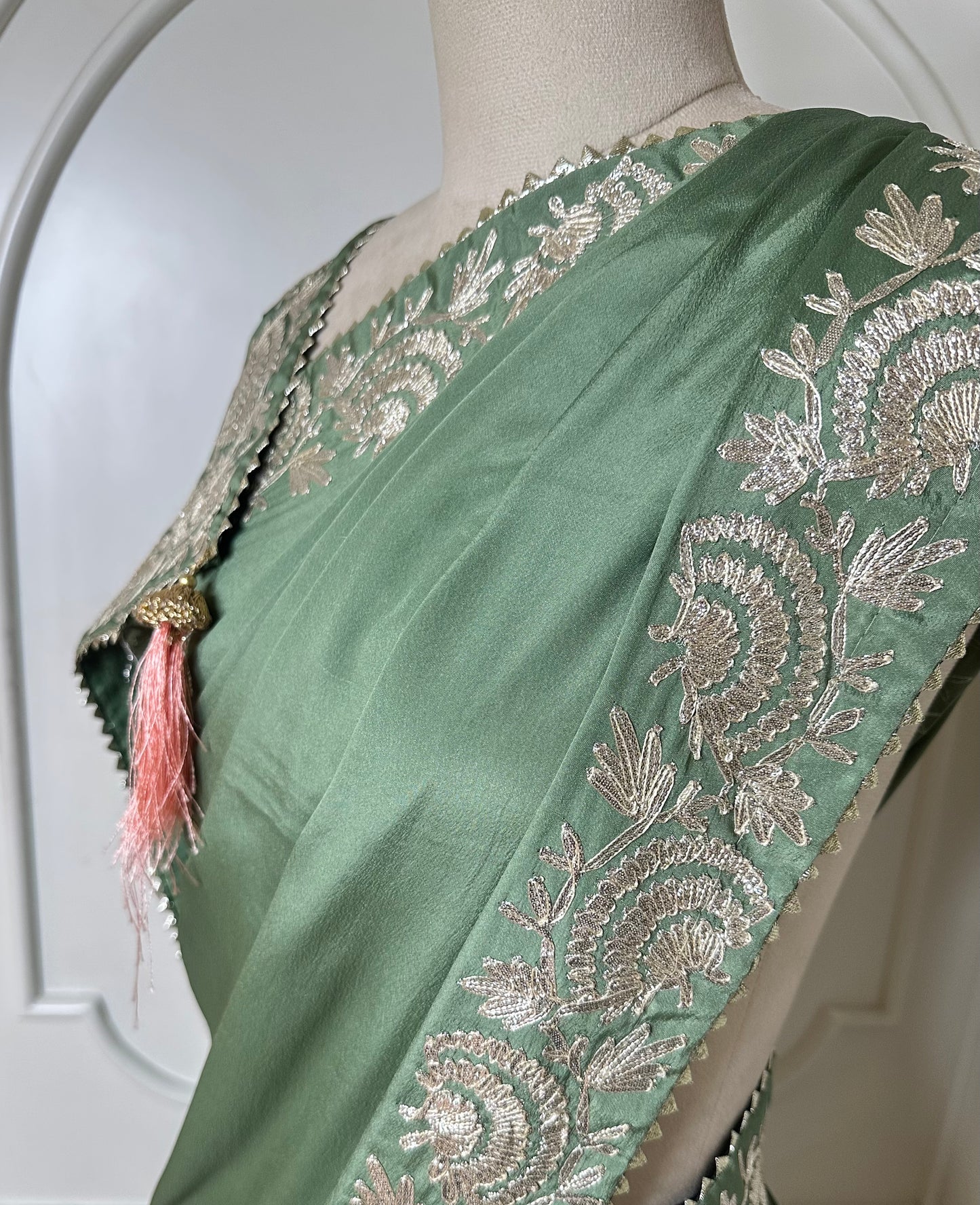 Sage Green Designer Saree with Ivory Thread Embroidered Border