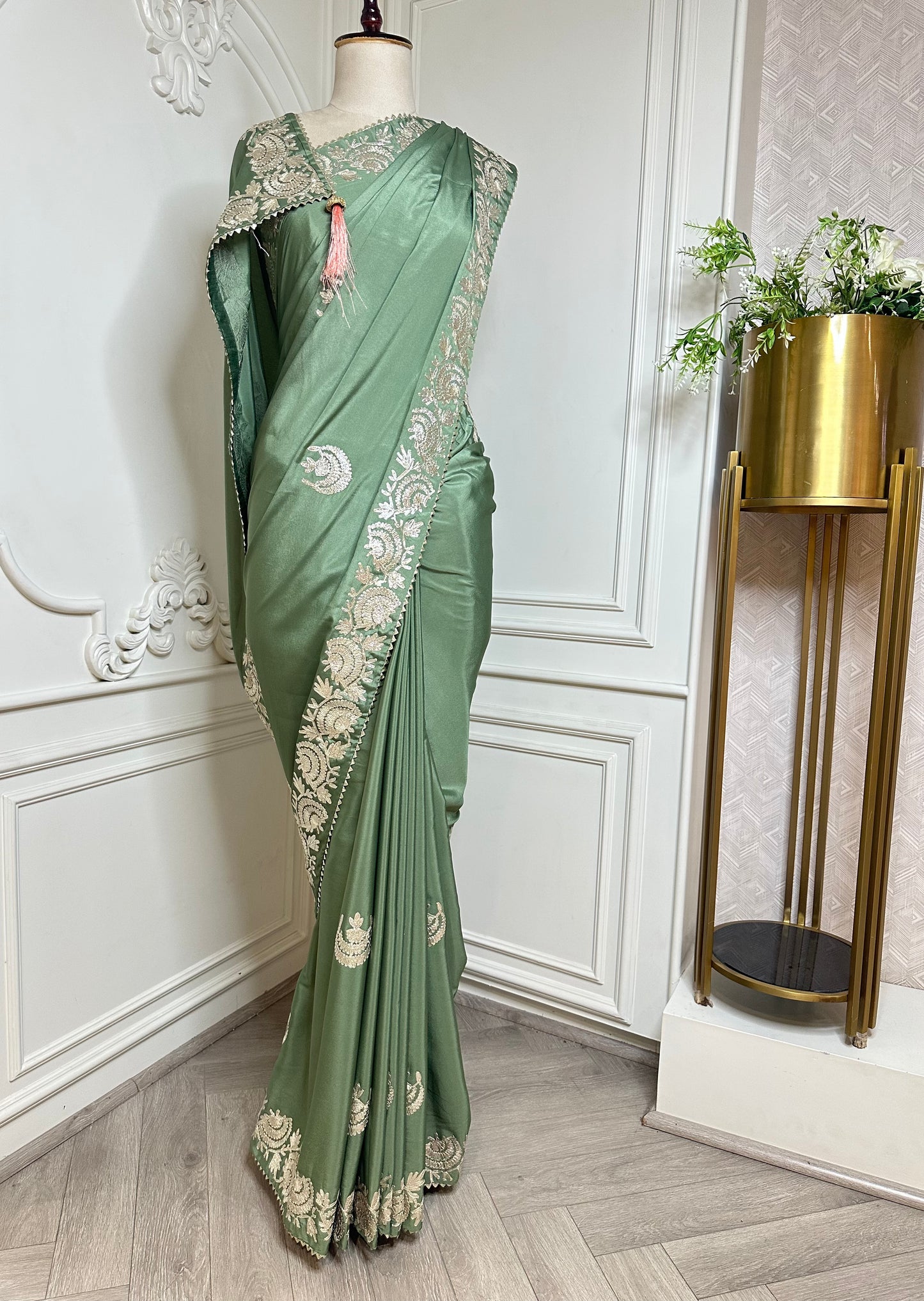 Sage Green Designer Saree with Ivory Thread Embroidered Border