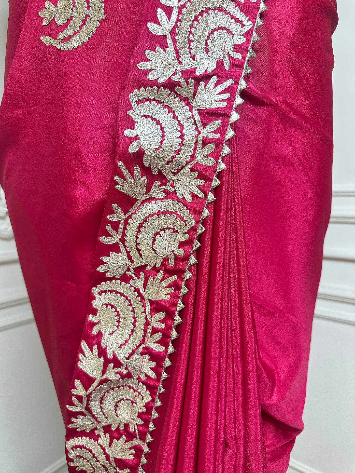 Rani Pink Designer Saree with Ivory Thread Embroidered Border