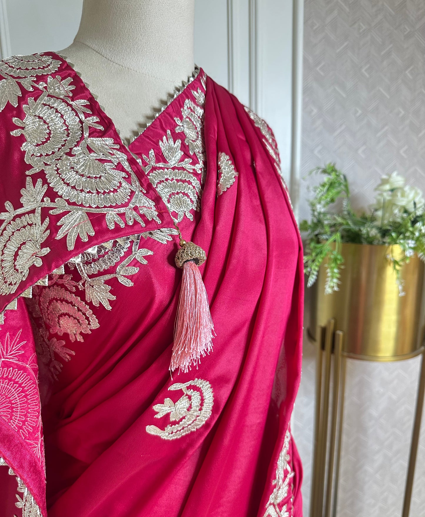 Rani Pink Designer Saree with Ivory Thread Embroidered Border