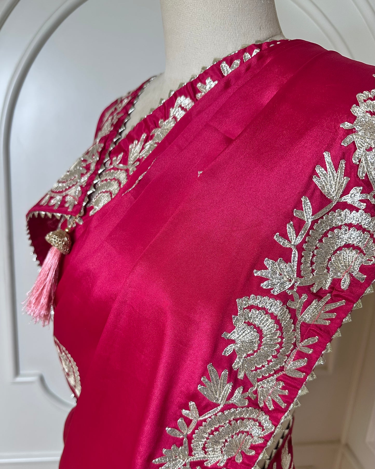 Rani Pink Designer Saree with Ivory Thread Embroidered Border