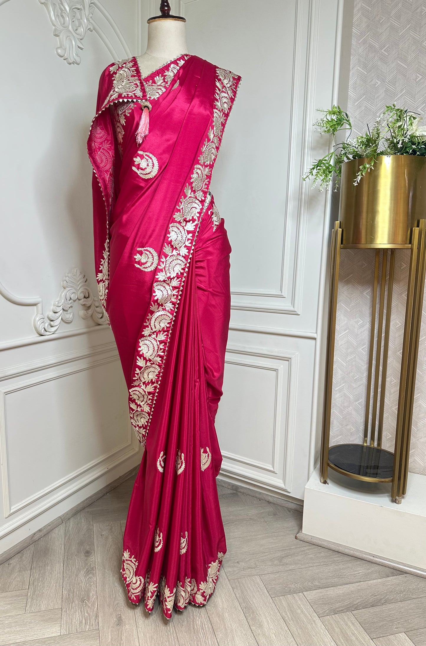 Rani Pink Designer Saree with Ivory Thread Embroidered Border