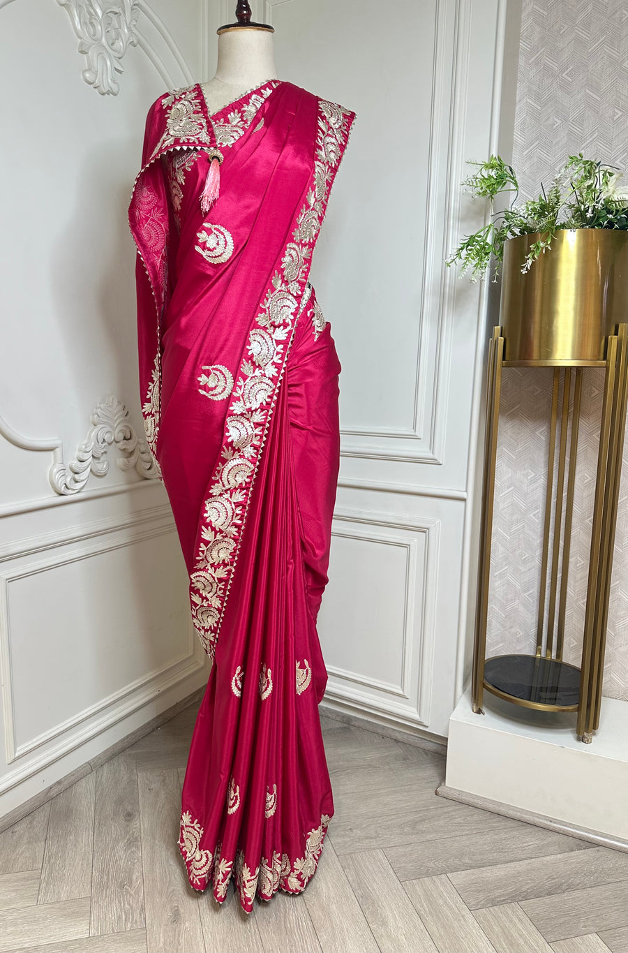 Rani Pink Designer Saree with Ivory Thread Border - front view